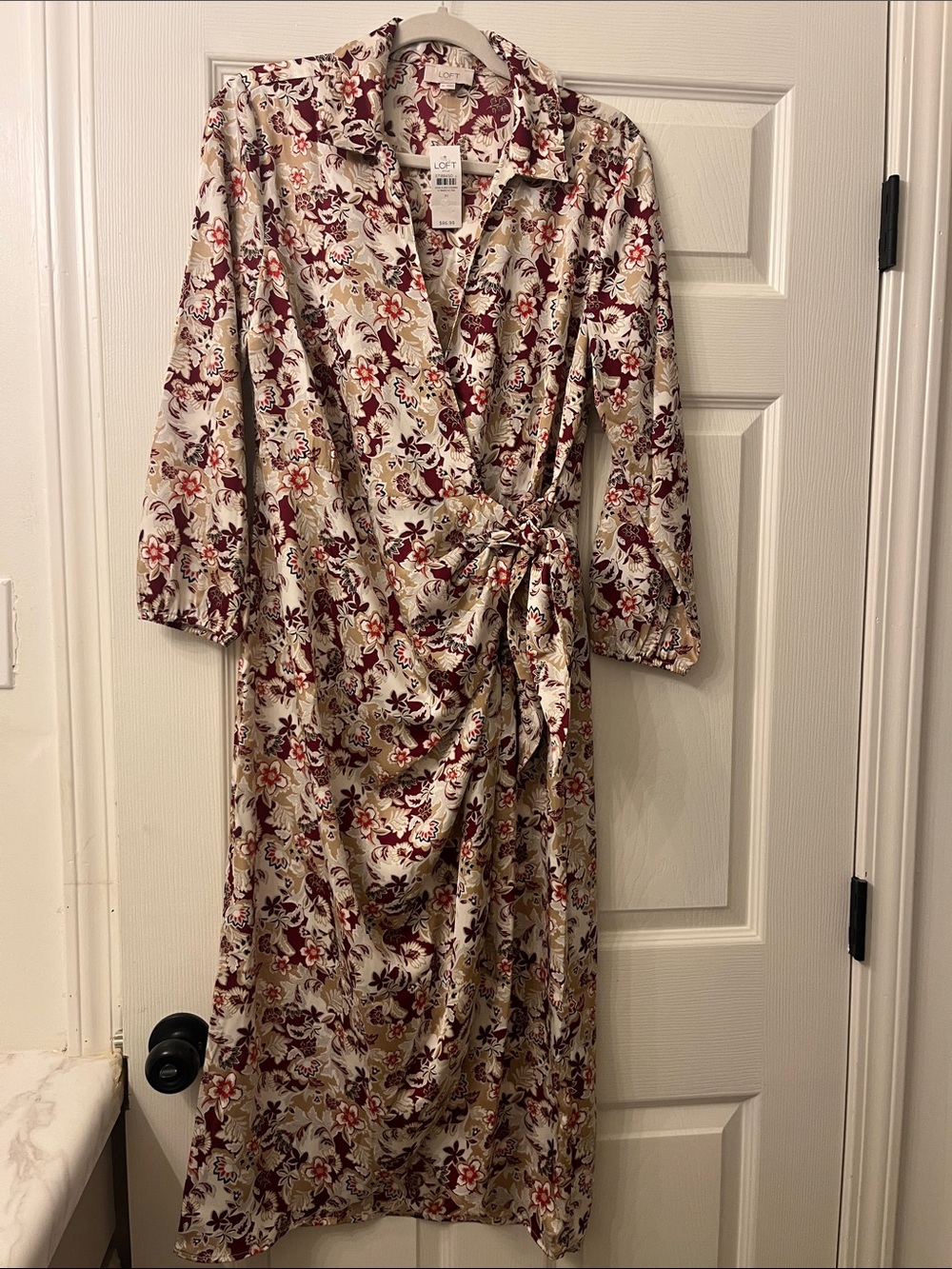 Floral Wrap Satin Dress - Cream and Burgundy